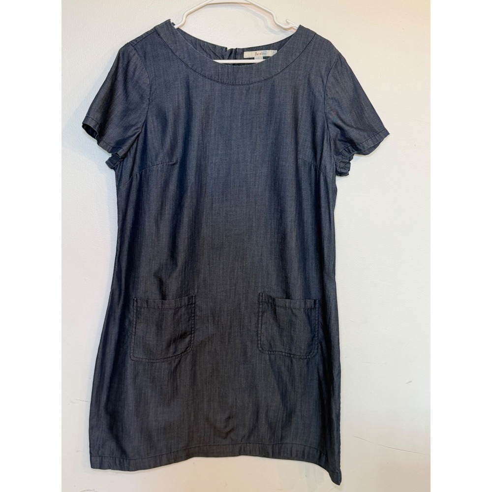 Boden Chambray Shift Dress Indigo Blue Neon Yellow Zip Pockets Womens 14L